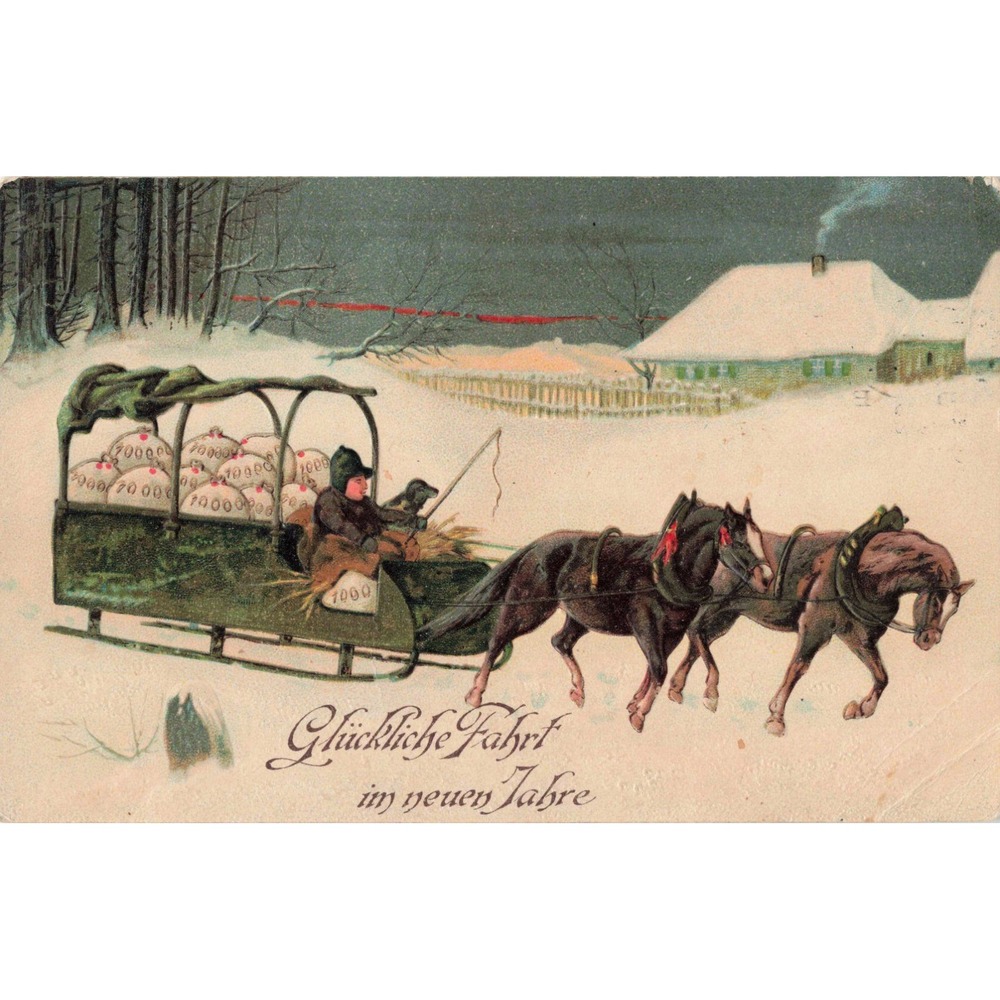 New Year Postcard 1911 German Horse Drawn Sleigh Money Sacks Winter Antique
